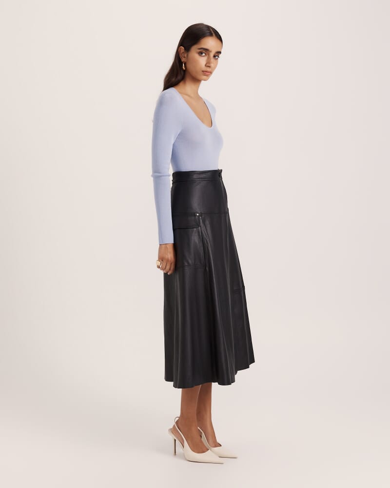 Aria Leather Wrap Midi Skirt in BLACK