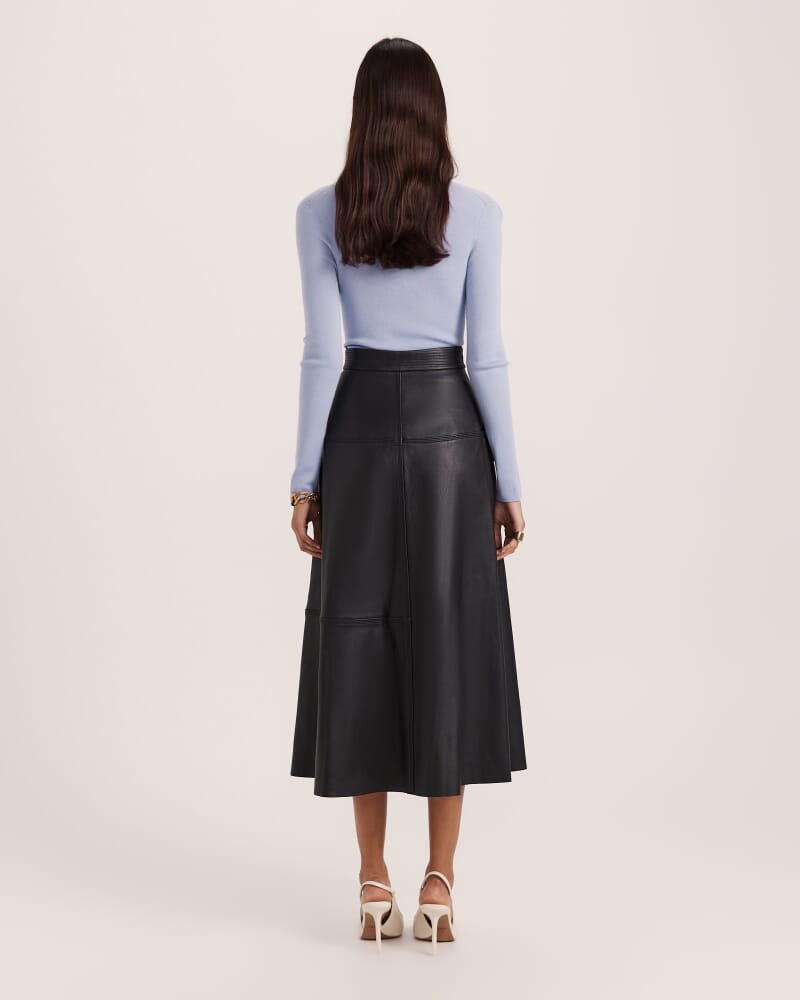 Aria Leather Wrap Midi Skirt in BLACK