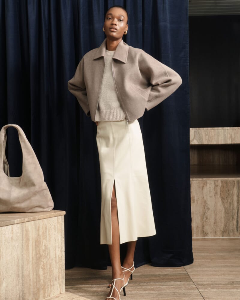 Viv Faux Leather Panel Midi Skirt in VANILLA