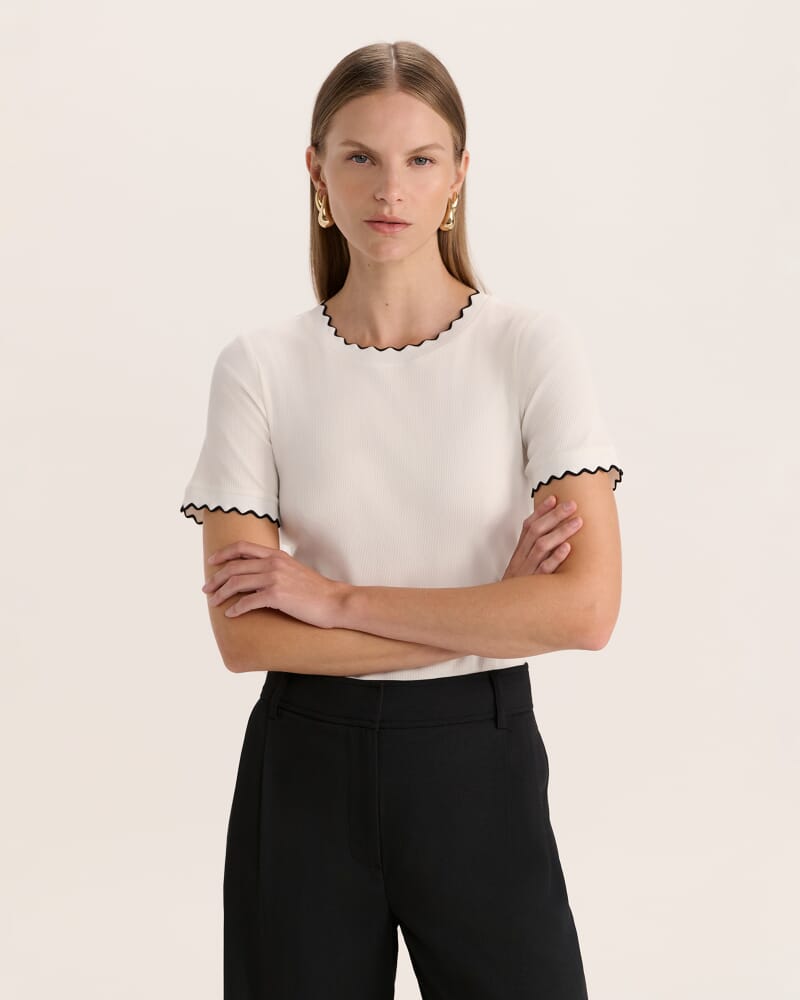 Emilie Tipped Ribbed Tee in WHITE/BLACK