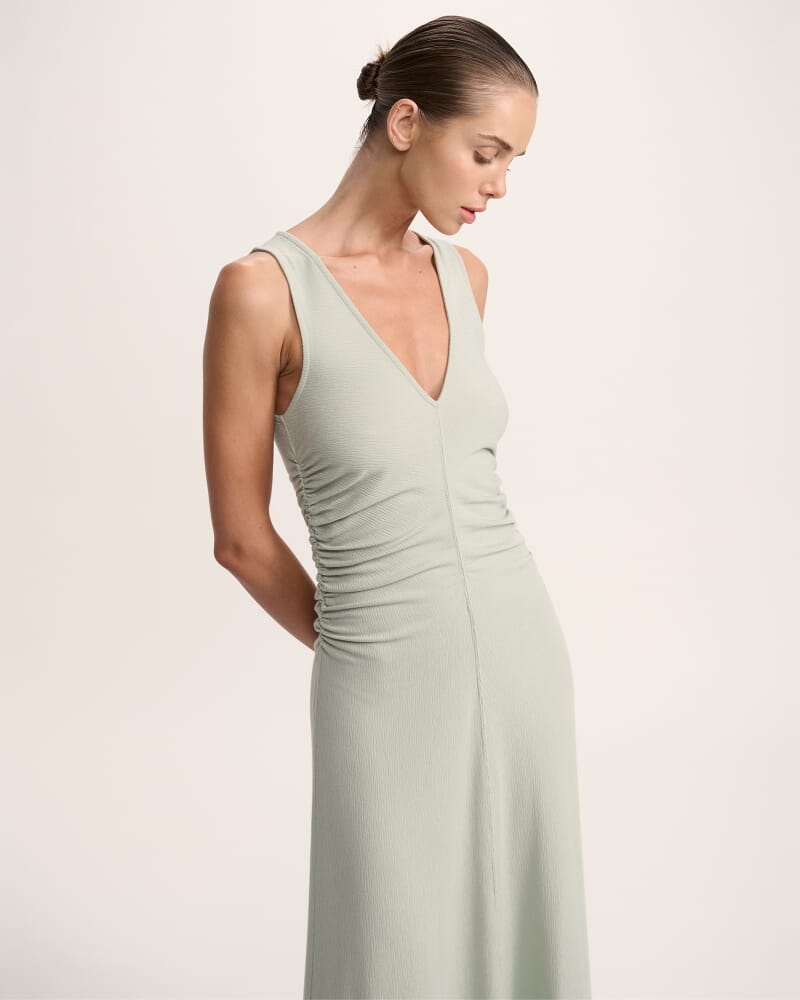 Xanthe Gathered Midi Dress in PISTACHIO