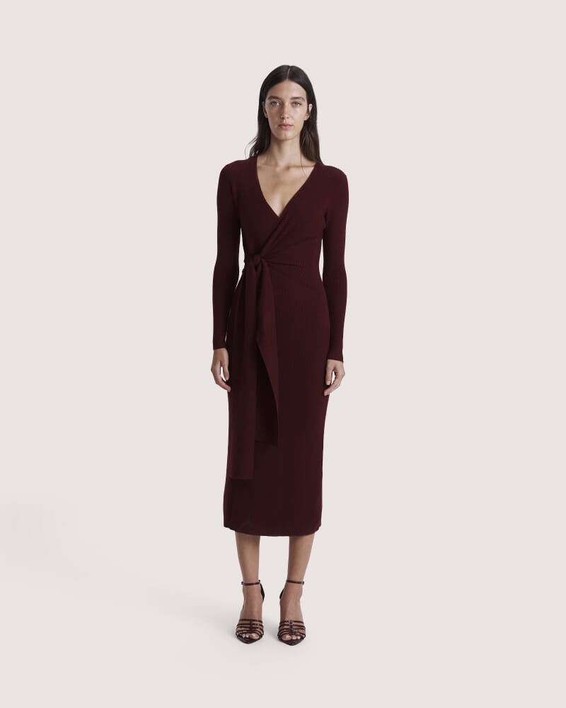 Elle Wool Blend Wrap Knit Dress in BERRY