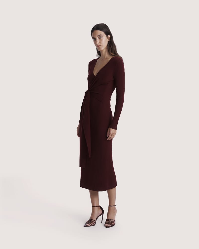 Elle Wool Blend Wrap Knit Dress in BERRY