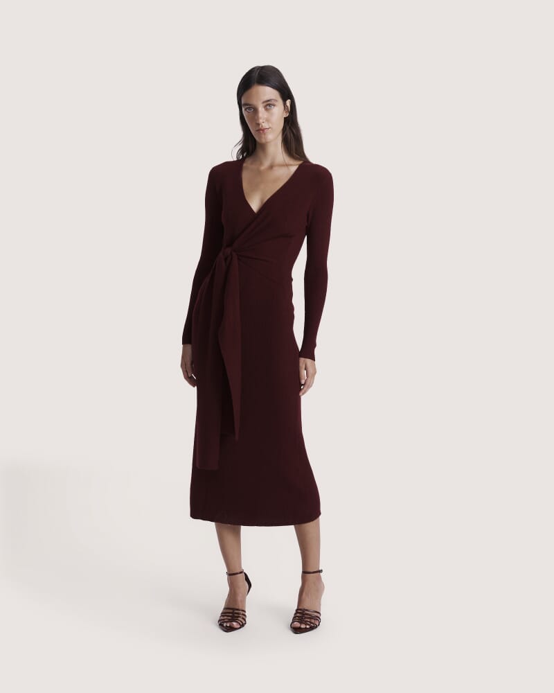 Elle Wool Blend Wrap Knit Dress in BERRY
