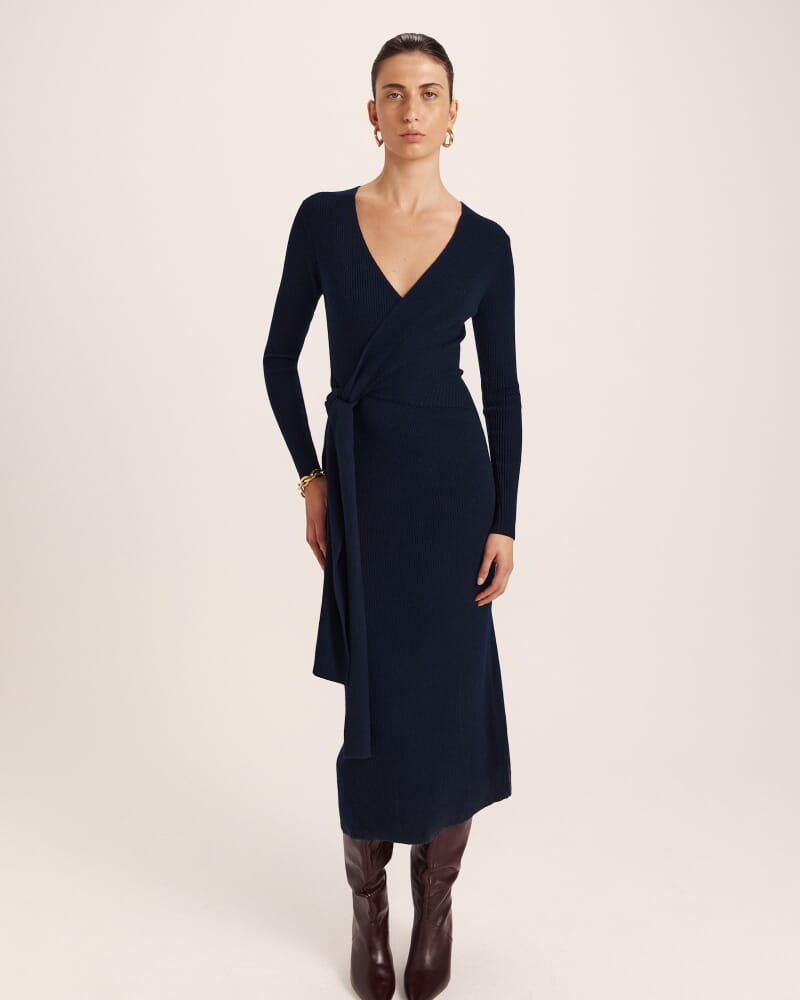 Elle Wool Blend Wrap Knit Dress in FRENCH NAVY