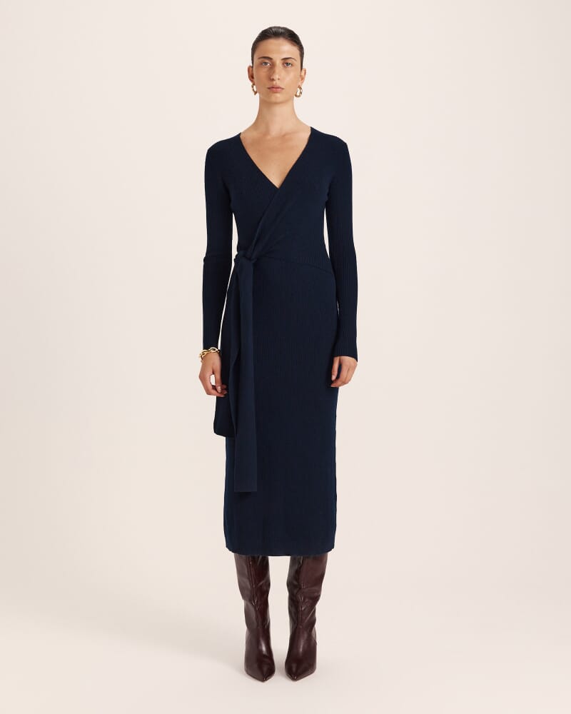 Elle Wool Blend Wrap Knit Dress in FRENCH NAVY