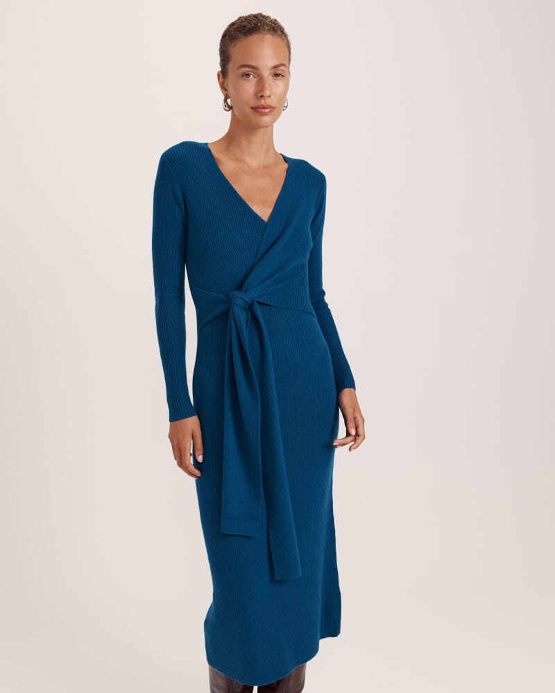 Elle Wool Blend Wrap Knit Dress in PEACOCK