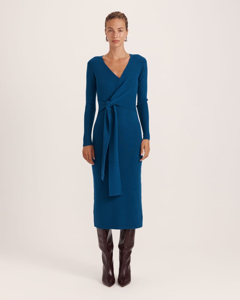 Elle Wool Blend Wrap Knit Dress in PEACOCK