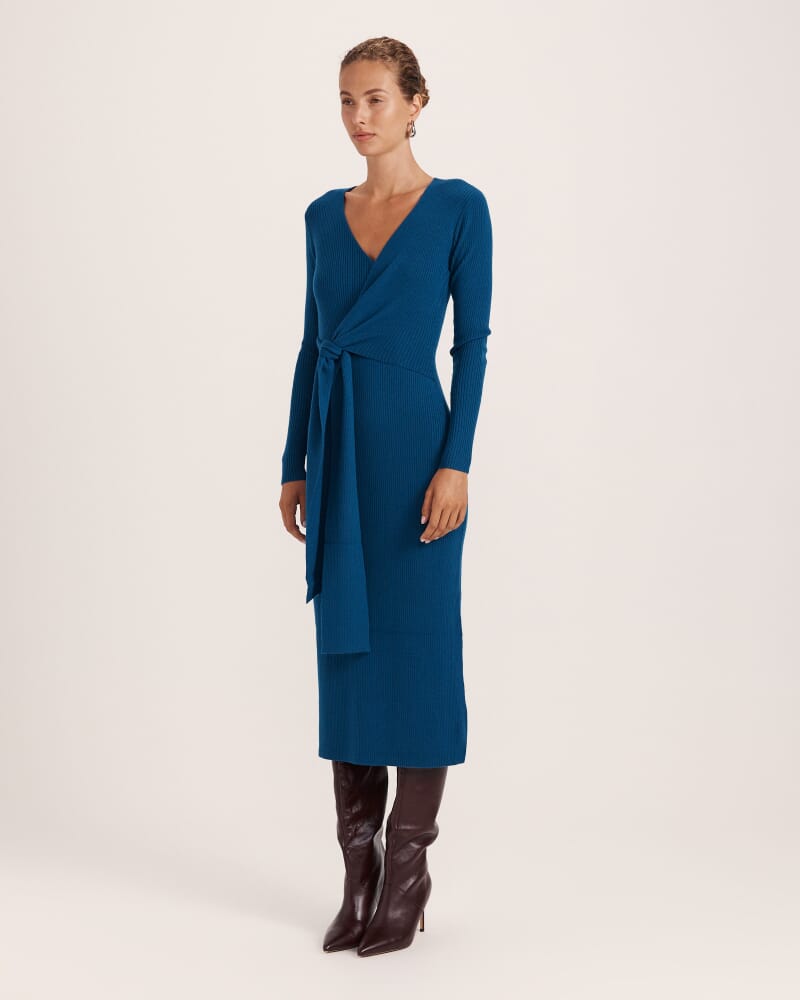 Elle Wool Blend Wrap Knit Dress in PEACOCK