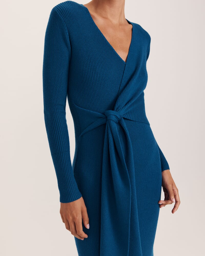 Elle Wool Blend Wrap Knit Dress in PEACOCK