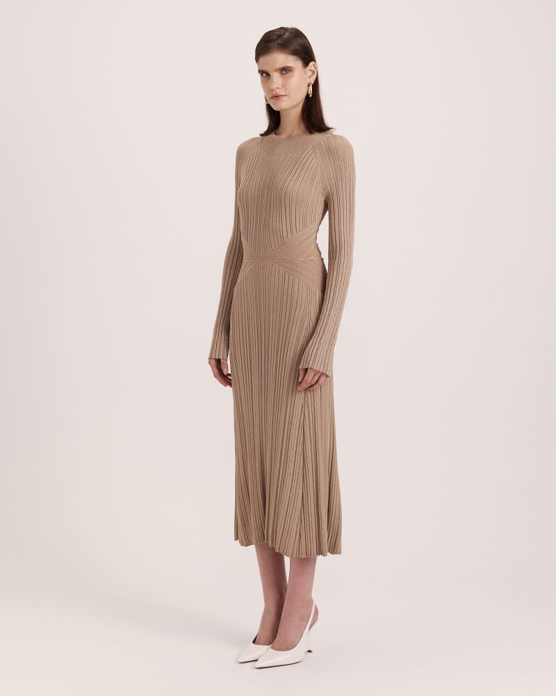 Metallic Ribbed Knit Dress in GOLD
