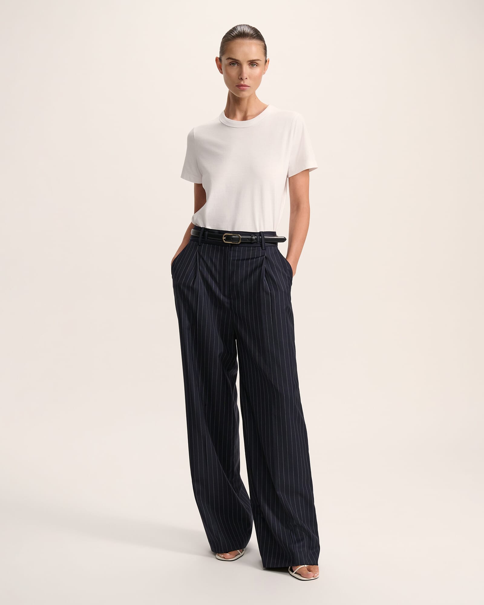 Polly Pinstripe Wool Blend Pleat Front Pant
