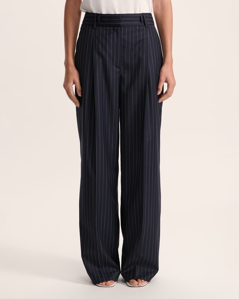 Polly Pinstripe Wool Blend Pleat Front Pant in NAVY/IVORY