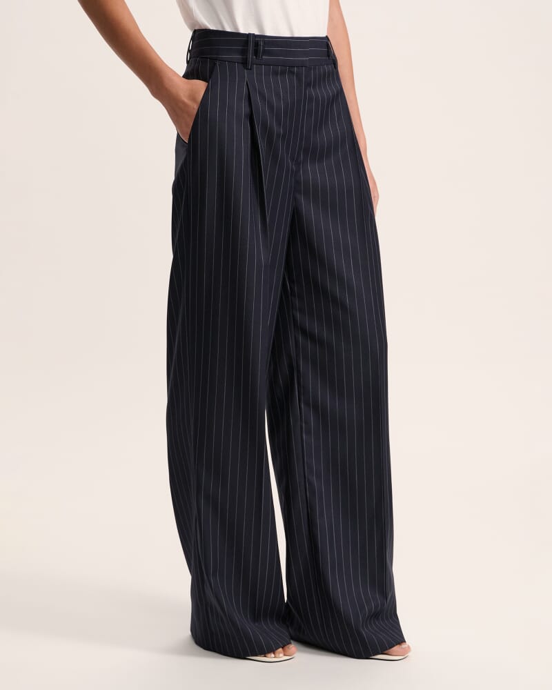 Polly Pinstripe Wool Blend Pleat Front Pant in NAVY/IVORY