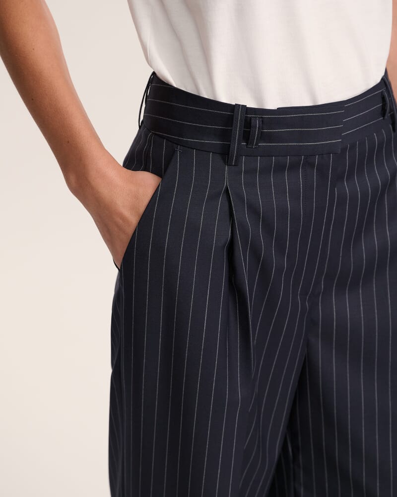 Polly Pinstripe Wool Blend Pleat Front Pant in NAVY/IVORY