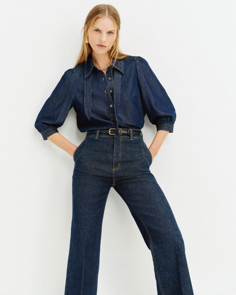 Bridie Puff Sleeve Denim Shirt in BLUE/BLACK WASH