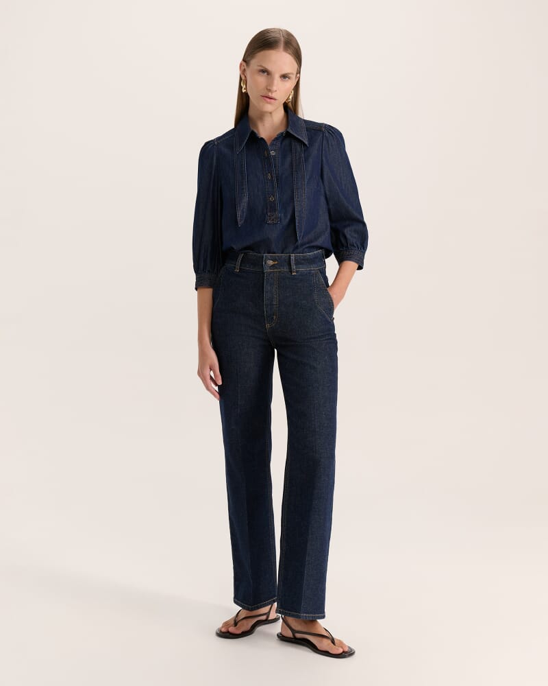 Bridie Puff Sleeve Denim Shirt in BLUE/BLACK WASH