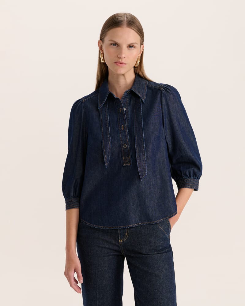 Bridie Puff Sleeve Denim Shirt in BLUE/BLACK WASH