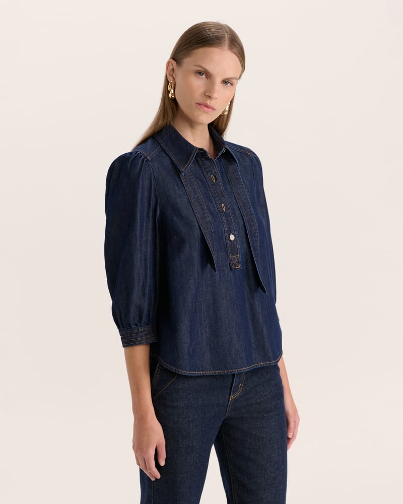 Bridie Puff Sleeve Denim Shirt in BLUE/BLACK WASH