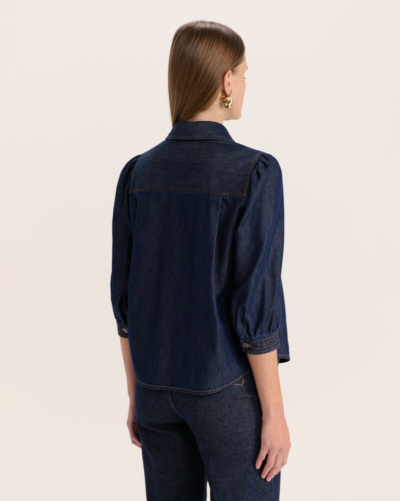 Bridie Puff Sleeve Denim Shirt in BLUE/BLACK WASH
