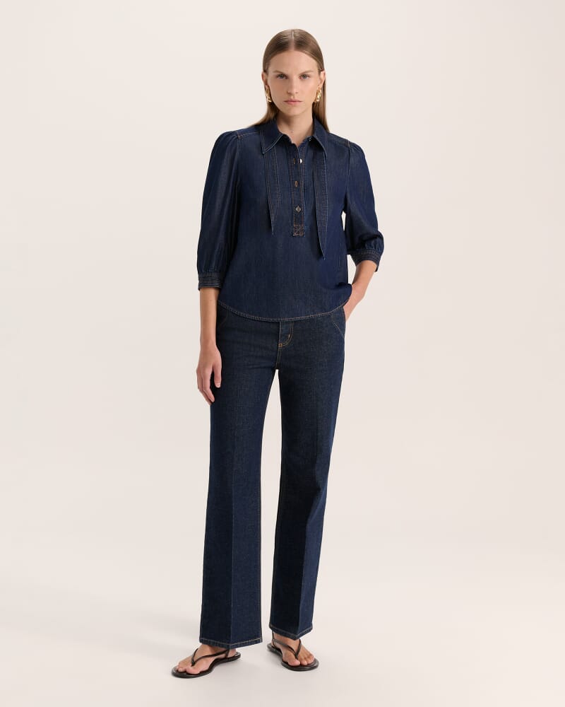 Bridie Puff Sleeve Denim Shirt in BLUE/BLACK WASH