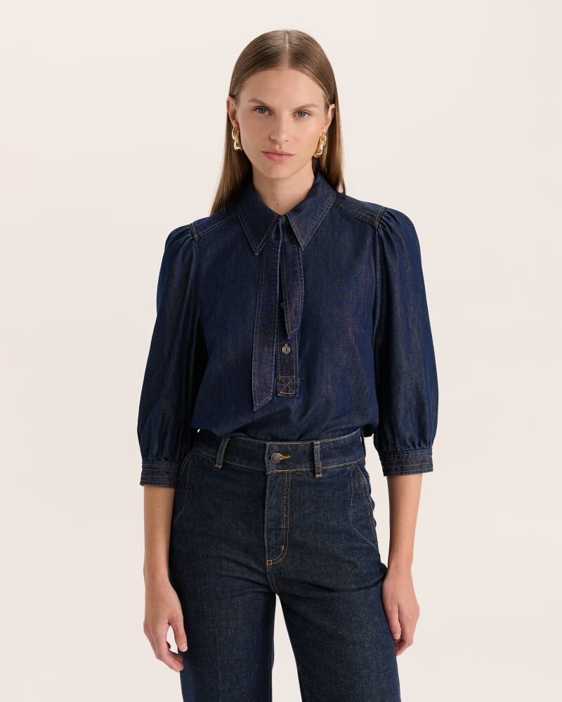 Bridie Puff Sleeve Denim Shirt in BLUE/BLACK WASH