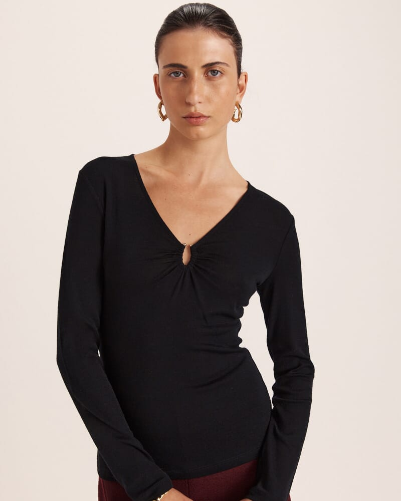 Coco Wool Ruched Long Sleeve Top in BLACK