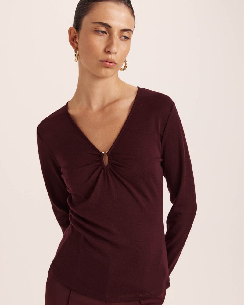 Coco Wool Ruched Long Sleeve Top in PLUM