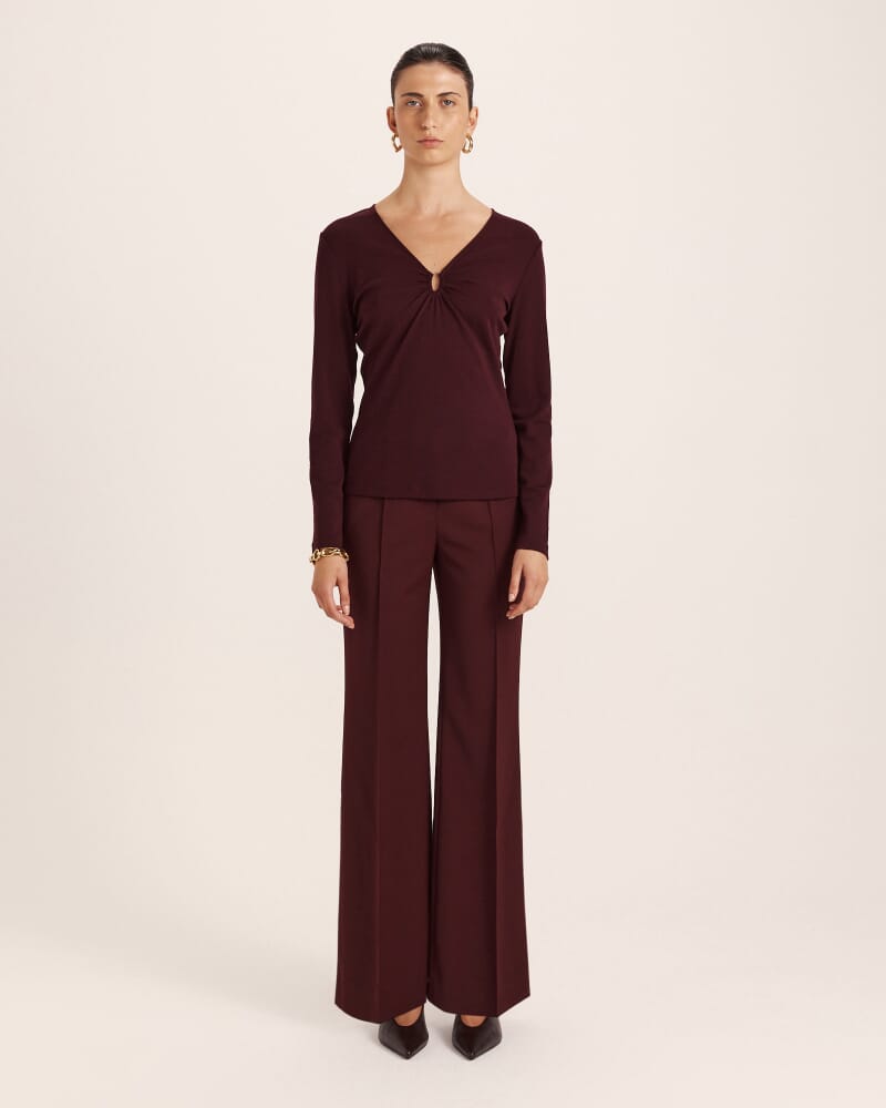 Coco Wool Ruched Long Sleeve Top in PLUM