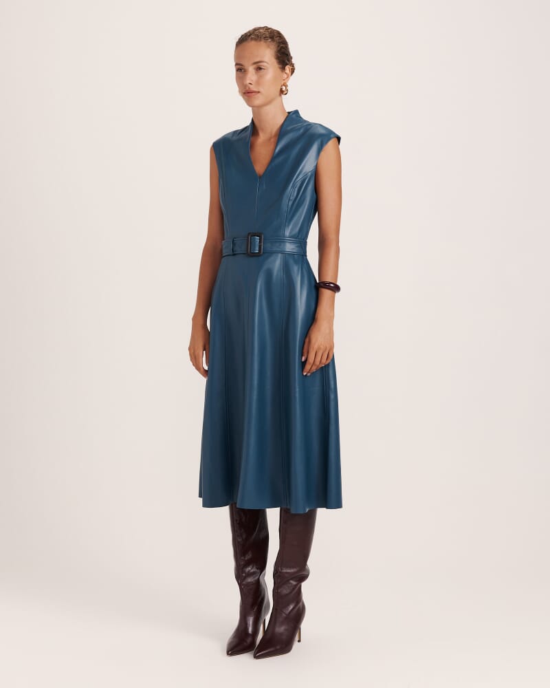Viv Faux Leather Midi Dress in PEACOCK
