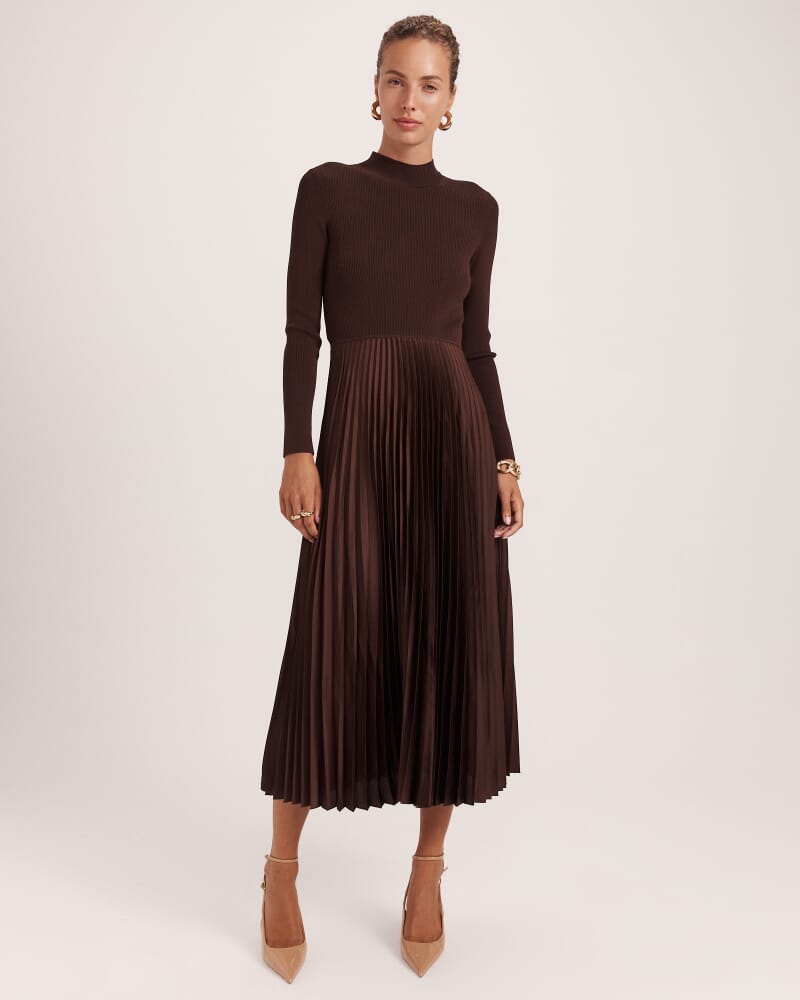 Vicky Long Sleeve Mixed Media Dress in CHOCOLATE