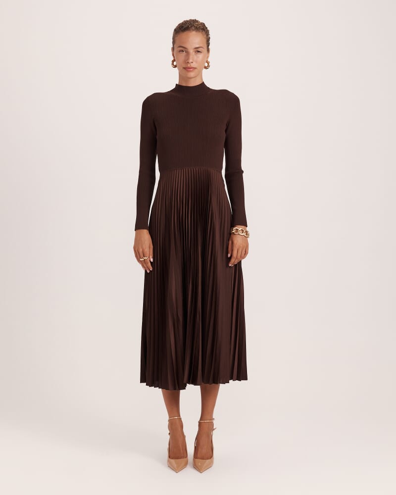 Vicky Long Sleeve Mixed Media Dress in CHOCOLATE