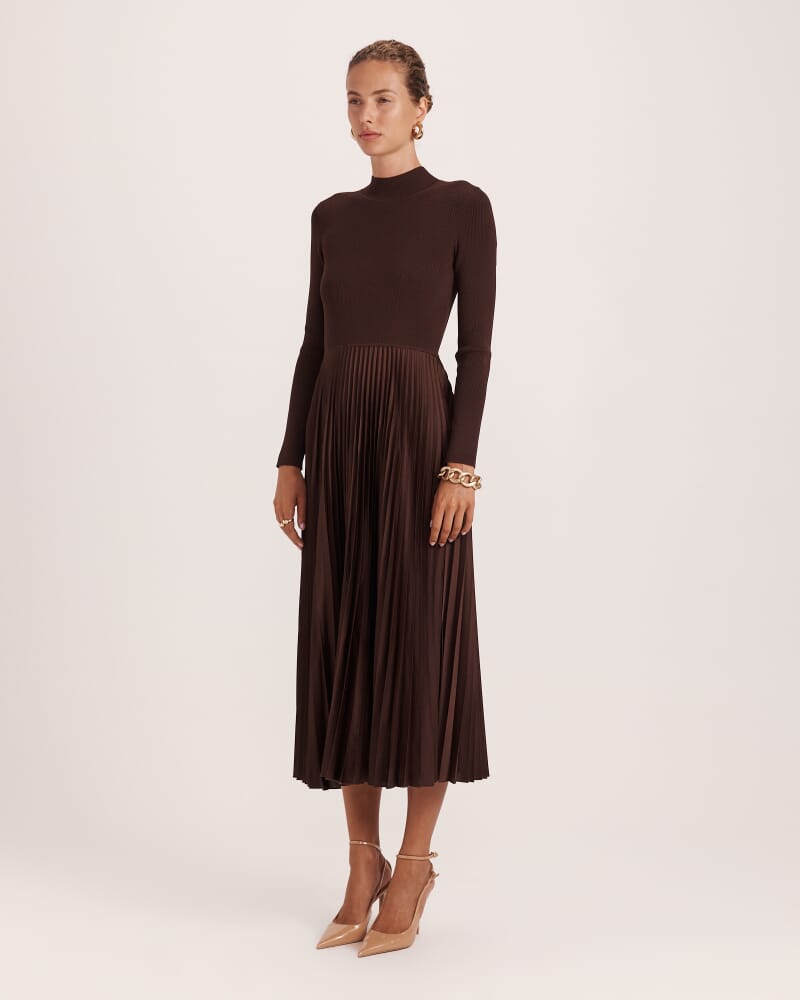 Vicky Long Sleeve Mixed Media Dress in CHOCOLATE