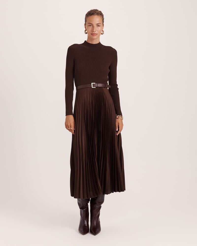 Vicky Long Sleeve Mixed Media Dress in CHOCOLATE