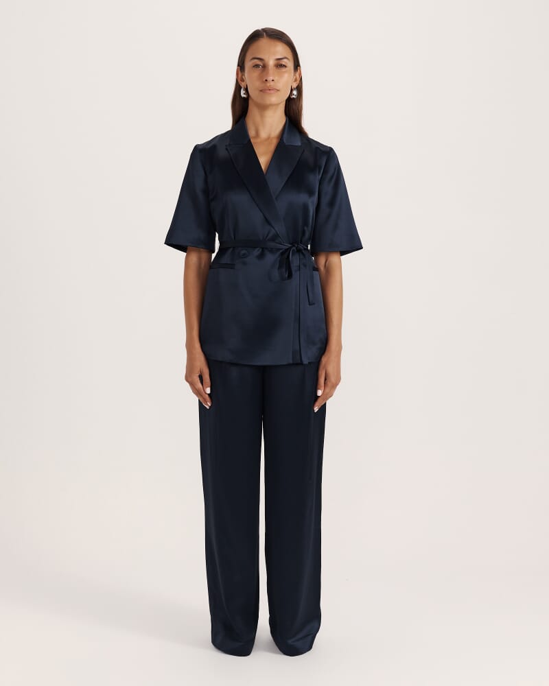 Sallee Satin Short Sleeve Belted Jacket in MIDNIGHT