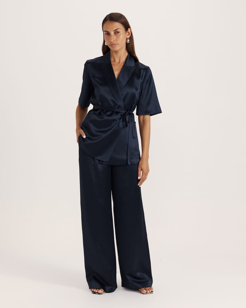 Sallee Satin Short Sleeve Belted Jacket in MIDNIGHT