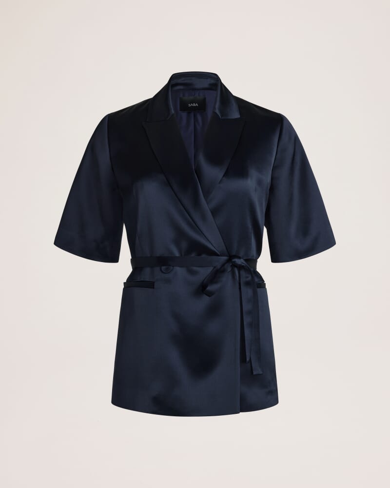 Sallee Satin Short Sleeve Belted Jacket in MIDNIGHT