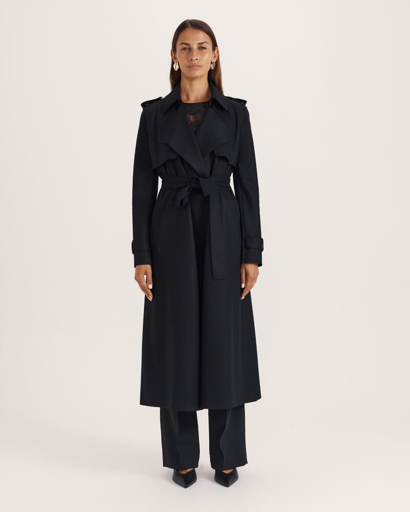 Karla Wool Longline Trench Coat in BLACK