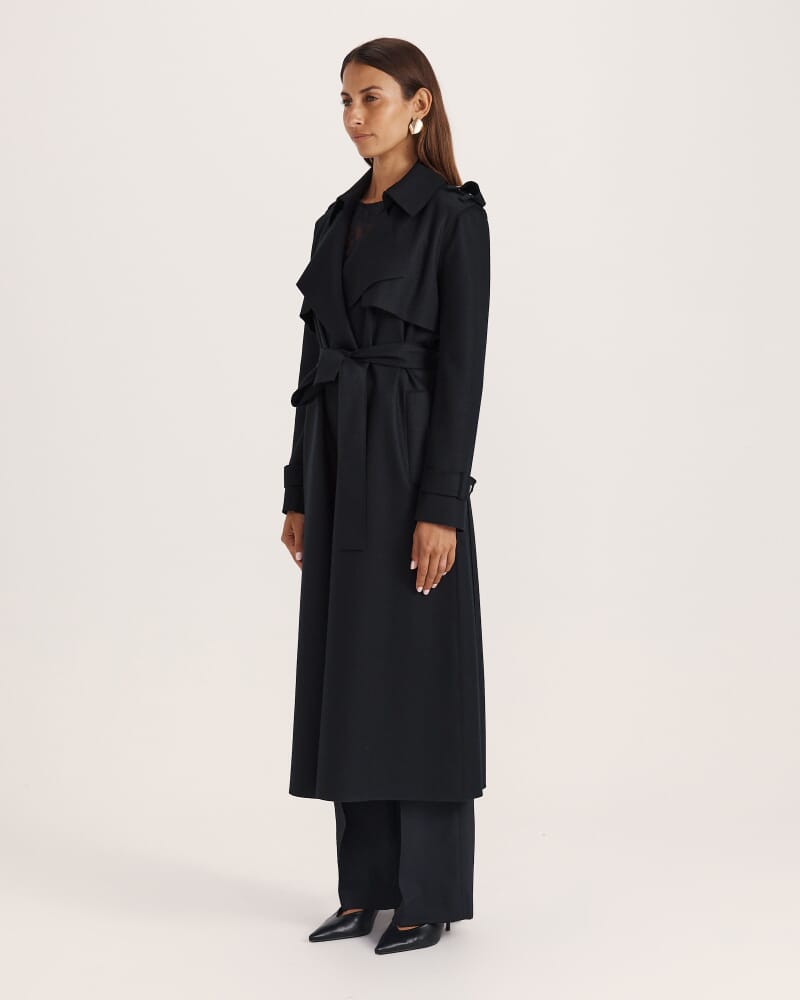 Karla Wool Longline Trench Coat in BLACK