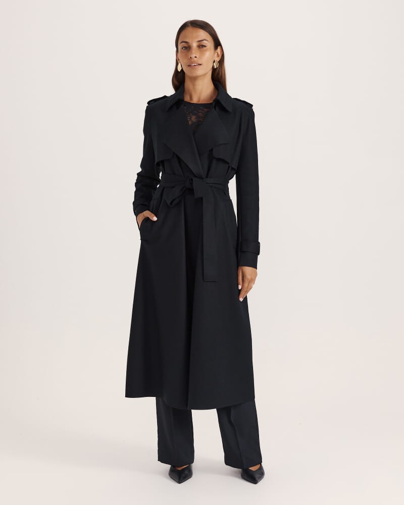 Karla Wool Longline Trench Coat in BLACK