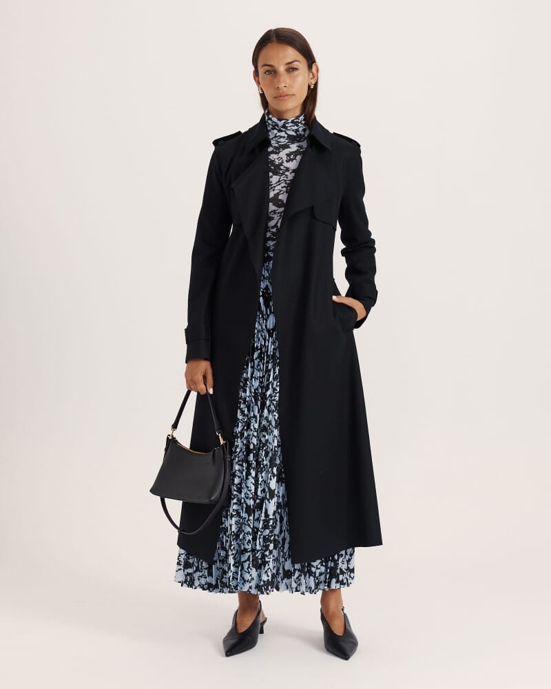 Karla Wool Longline Trench Coat in BLACK