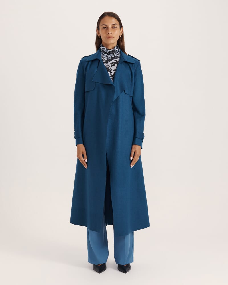 Karla Wool Longline Trench Coat in PEACOCK