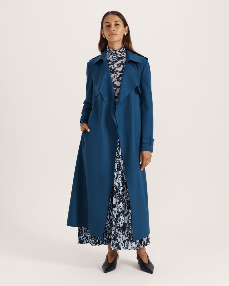 Karla Wool Longline Trench Coat in PEACOCK