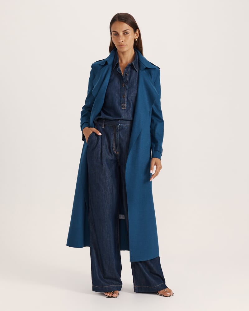 Karla Wool Longline Trench Coat in PEACOCK