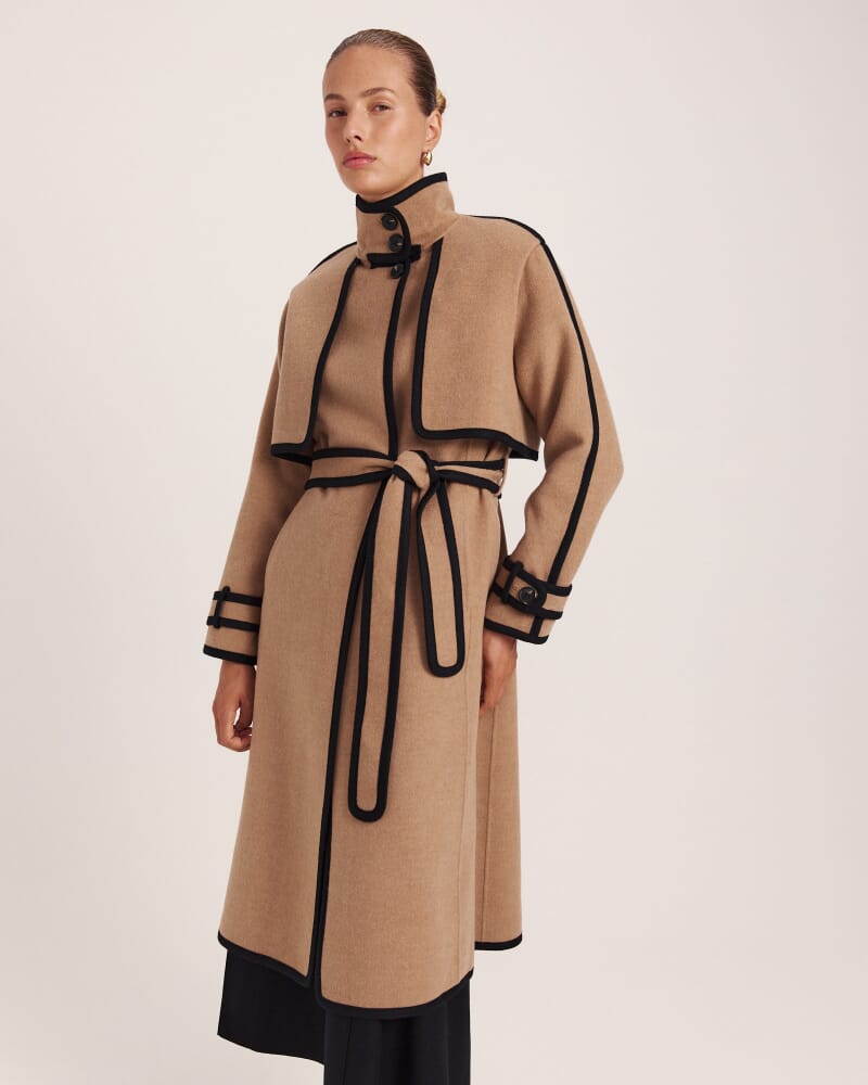 Kayla Wool Contrast Long Coat in CAMEL MELANGE