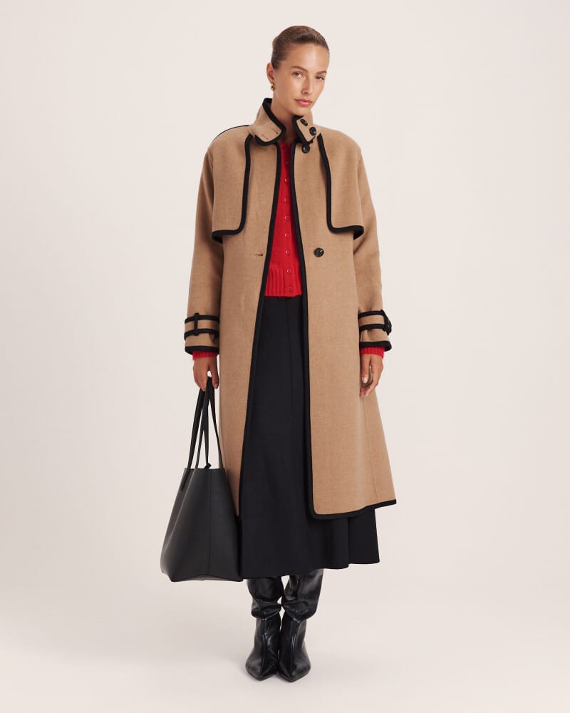 Kayla Wool Contrast Long Coat in CAMEL MELANGE