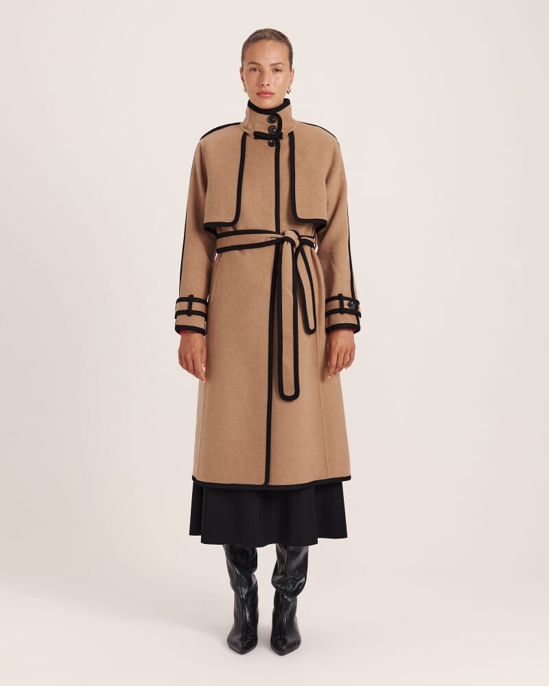 Kayla Wool Contrast Long Coat in CAMEL MELANGE