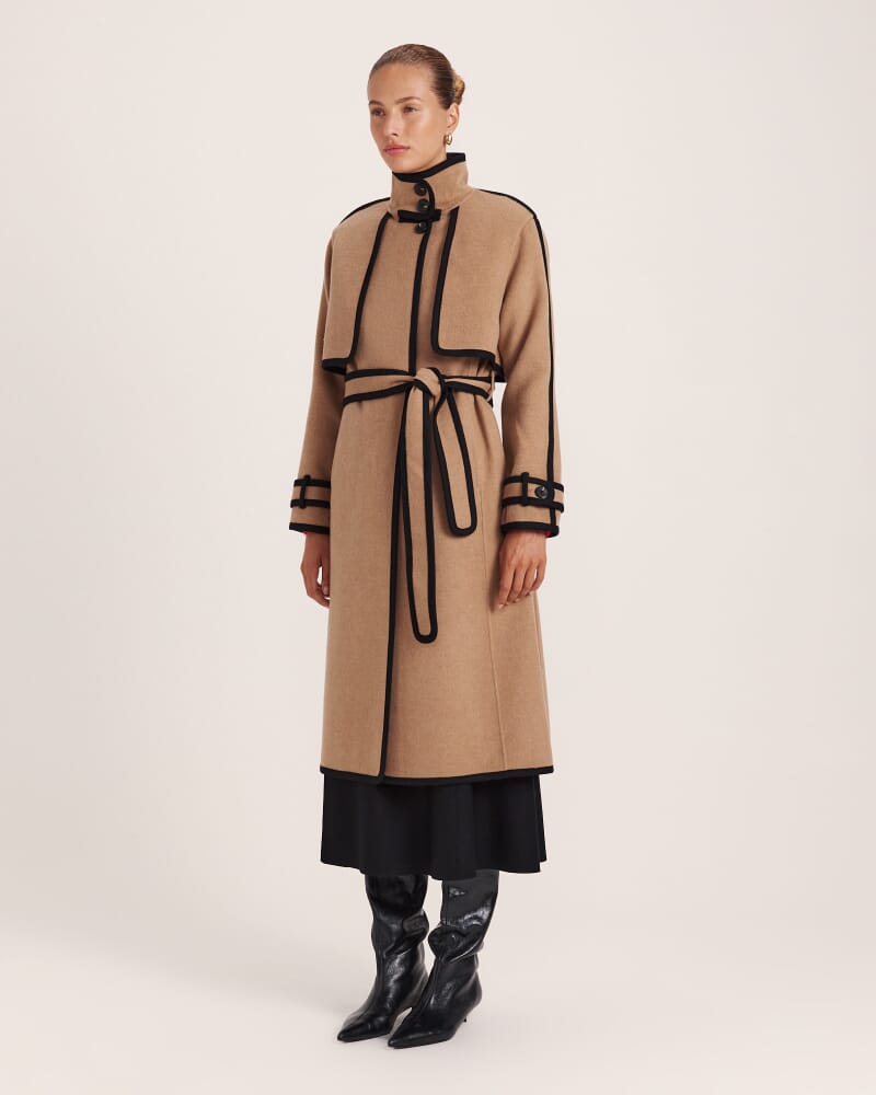 Kayla Wool Contrast Long Coat in CAMEL MELANGE