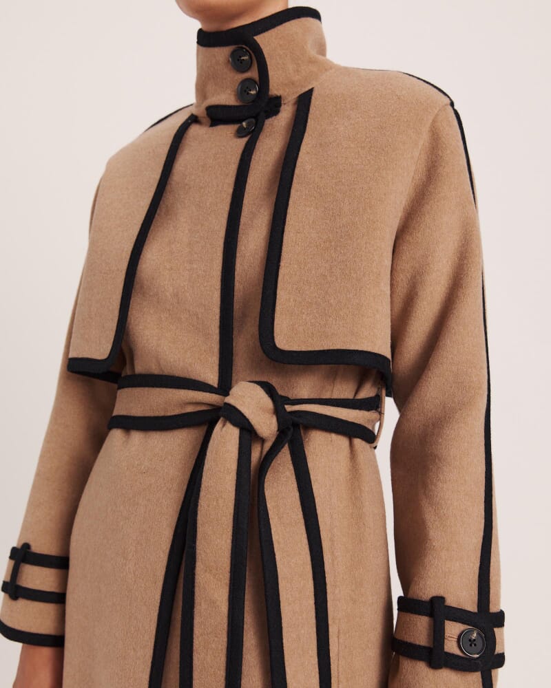 Kayla Wool Contrast Long Coat in CAMEL MELANGE