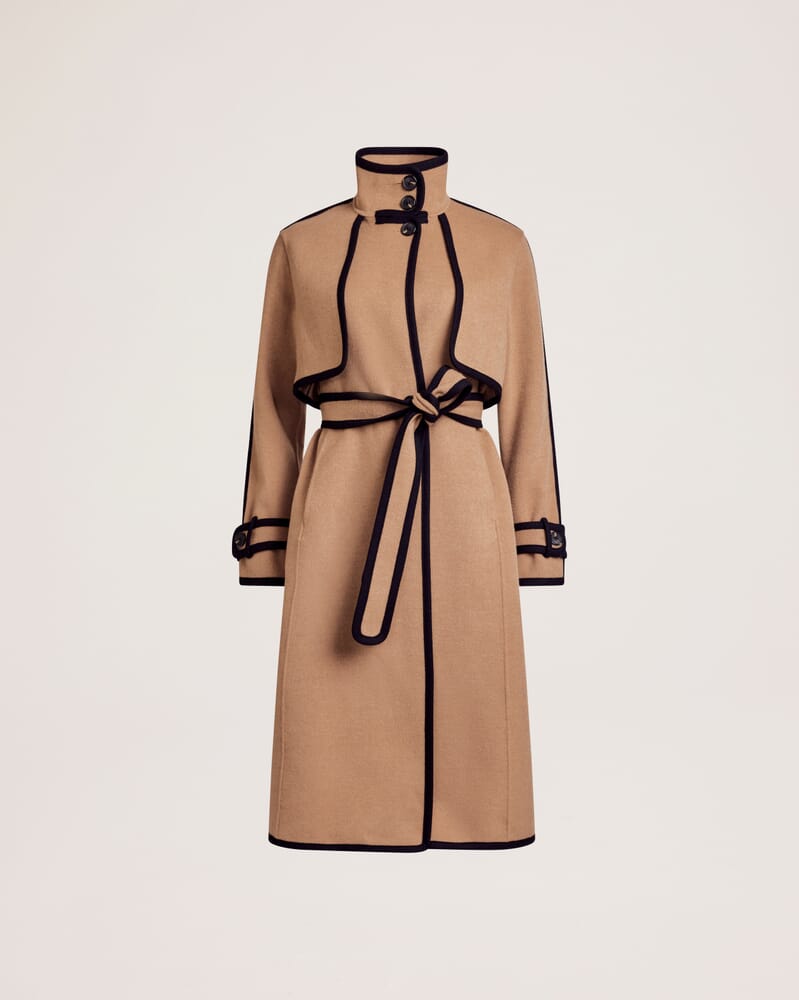 Kayla Wool Contrast Long Coat in CAMEL MELANGE